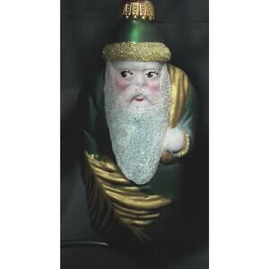 Lauscha Glas Creation Green Glitter Santa Glass Christmas Ornament Germany